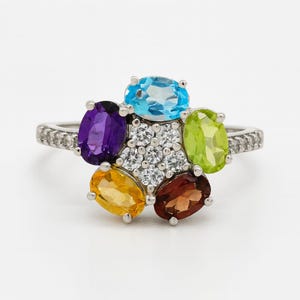 Sterling Silver Multi-Gemstone Ring: Blue Topaz, Peridot, Garnet, Citrine, Amethyst | KAUSAR GEMS JEWELERS