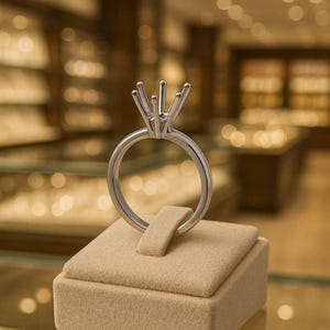 Puede incluir: Un engaste de anillo plateado con garras, diseñado para sujetar una piedra preciosa. El anillo se exhibe sobre un soporte de joyería beige, con un fondo borroso de joyería.