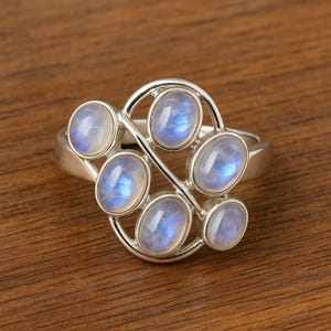 Rainbow Moonstone Sterling Silver Ring: Pear-Shaped Gemstone, Adjustable Band | KAUSAR GEMS JEWELERS
