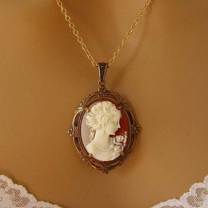 Peach Cameo: Victorian Woman Peach Cameo Necklace, Antiqued Gold, Vintage Inspired Romantic Victorian Jewelry, Romantic Gift for Her image 1