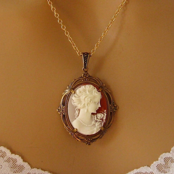 Peach Cameo: Victorian Woman Peach Cameo Necklace, Antiqued Gold, Vintage Inspired Romantic Victorian Jewelry, Romantic Gift for Her