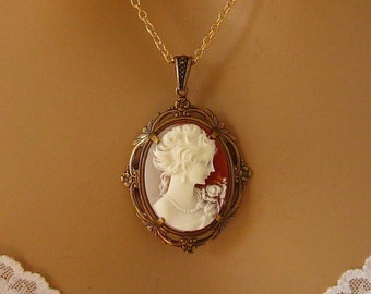 Cameo de melocotón: collar de cameo de melocotón de mujer victoriana, oro antiguo, joyería victoriana romántica de inspiración vintage, regalo romántico para ella