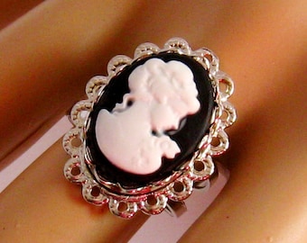 Victorian Cameo Ring, Victorian Ring, Cameo Jewelry, Victorian Jewelry, Cocktail Ring, Black Adjustable Ring Jewelry Gift for Her