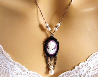 Goth Violet Camée Collier, Victorien Camée Collier Femme Victorienne Magenta Cameo Collier Perle, Victorien Camée Collier Bijoux Romantiques