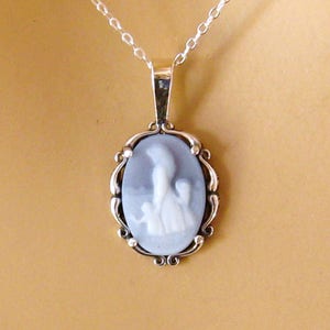 Real Cameo Necklace, Mothers Day Gift, Mother Child Cameo Necklace Sterling Silver Carved Agate Blue Cameo Necklace, Cameo Jewelry Jewellery image 2