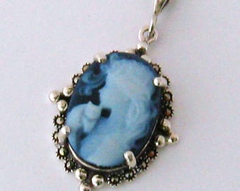 Real Cameo Necklace: Girl with Cat Cameo Necklace, Marcasite & Sterling Silver, Vintage Inspired Victorian Jewelry, Cat Jewelry Gift for Her