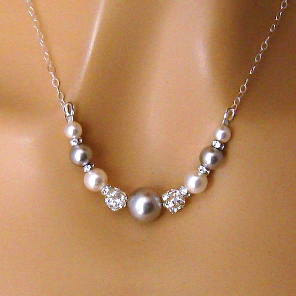 2 Color Pearl Necklace/Gray Pearl Rhinestone Bridal Necklace/Grey Bridesmaid Necklace/Gray Mother of the  Bride Jewelry/Gray Wedding Jewelry