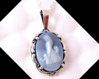 Real Cameo Necklace, Mothers Day Gift, Mother Child Cameo Necklace Sterling Silver Carved Agate Blue Cameo Necklace, Cameo Jewelry Jewellery
