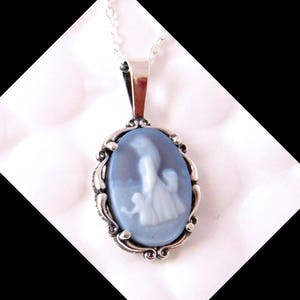 Real Cameo Necklace, Mothers Day Gift, Mother Child Cameo Necklace Sterling Silver Carved Agate Blue Cameo Necklace, Cameo Jewelry Jewellery image 1