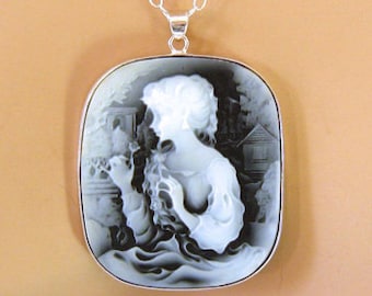 Slate Blue Cameo Necklace: Victorian Woman Large Cameo Necklace, Sterling Silver Victorian Jewelry Grey Cameo, Romantic Jewelry Gift for Her