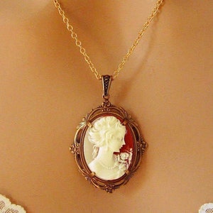 Ivory Peach Cameo: Victorian Woman Peach Cameo Necklace, Vintage Inspired Romantic Victorian Jewelry, Antiqued Gold, Peach Cameo Necklace