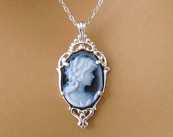 Real Cameo: Victorian Woman Blue Cameo Necklace, Sterling Silver, Vintage Inspired Romantic Victorian Jewelry, Romantic Gift for Her