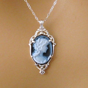 Real Cameo: Victorian Woman Blue Cameo Necklace, Sterling Silver, Vintage Inspired Romantic Victorian Jewelry, Romantic Gift for Her image 1