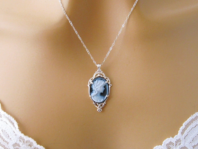 Real Cameo: Victorian Woman Blue Cameo Necklace, Sterling Silver, Vintage Inspired Romantic Victorian Jewelry, Romantic Gift for Her image 3