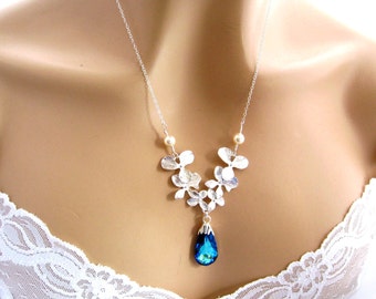 Blue Bridal Jewelry Set, Peacock Wedding Bridesmaids Jewelry Swarovski Necklace Earring Orchid Wedding Sterling Silver Bridal Bridesmaid