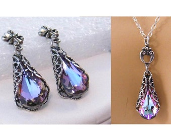 Purple Wedding Jewelry Set: Swarovski Victorian Necklace and Earring Vitrail Light Plum Wedding Set, Bridesmaid Gift Set, Bridal Jewelry