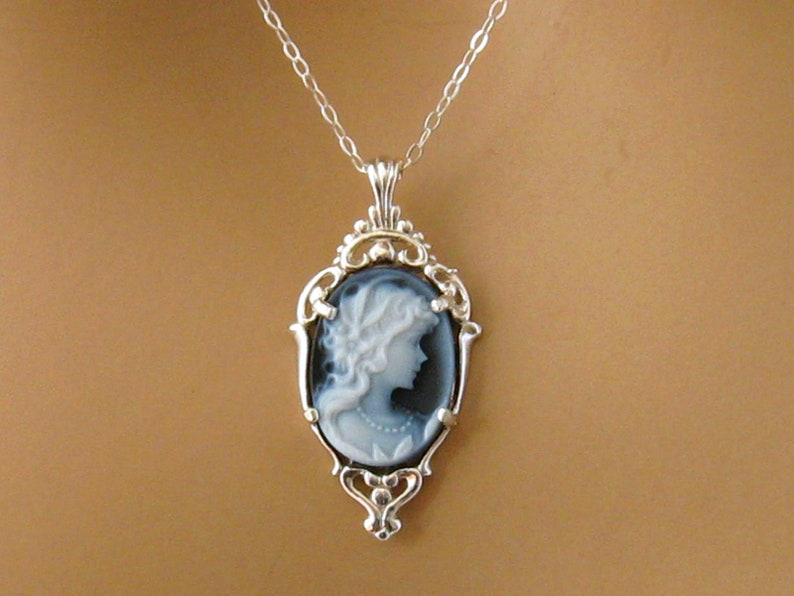 Real Cameo: Victorian Woman Blue Cameo Necklace, Sterling Silver, Vintage Inspired Romantic Victorian Jewelry, Romantic Gift for Her image 4