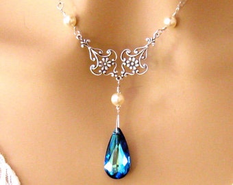 Ocean Blue Swarovski Crystal Necklace, Sterling Silver Crystal Blue Bridesmaids Necklace, Peacock Blue Wedding Jewelry Blue Crystal Necklace