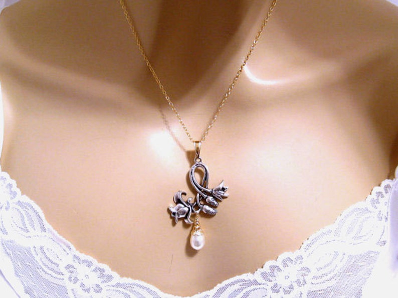 Art Nouveau Jewelry Bridal Wedding Jewelry Silver Gold Fill Art Nouveau Necklace Pearl Flower Necklace Romantic Bridesmaids Gift