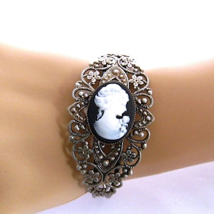 Victorian Lady Cameo Bracelet, Victorian Cameo Bracelet, Cameo, Victorian, Cameo Jewelry Gift, Lady Cameo, Silver Cameo Cuff Bracelet, Black