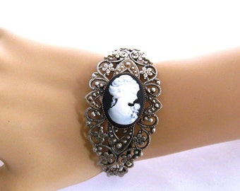 Victorian Lady Cameo Bracelet, Victorian Cameo Bracelet, Cameo, Victorian, Cameo Jewelry Gift, Lady Cameo, Silver Cameo Cuff Bracelet, Black