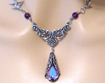 Art Nouveau Purple Bridesmaids Necklace Victorian Swarovski Vitrail Light Purple Crystal Necklace Amethyst Birds Bridal Wedding Jewelry