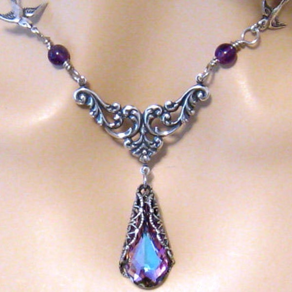 Art Nouveau Purple Bridesmaids Necklace Victorian Swarovski Vitrail Light Purple Crystal Necklace Amethyst Birds Bridal Wedding Jewelry