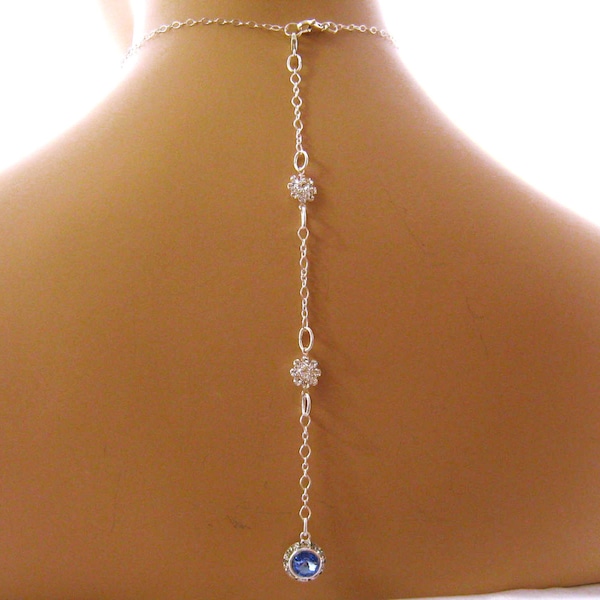 Bridal Back Drop Necklace, Blue Bridal Jewelry. Sterling Silver, Blue Swarovski Detachable Necklace Back Drop, Custom Removable Back Drop