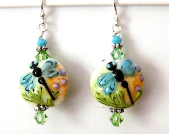 Lampwork Earrings, Blue Dragonfly Lampwork Glass Earrings, Sterling Silver Lampwork Earrings, Art Nouveau Earrings, Dragonfly Earrings