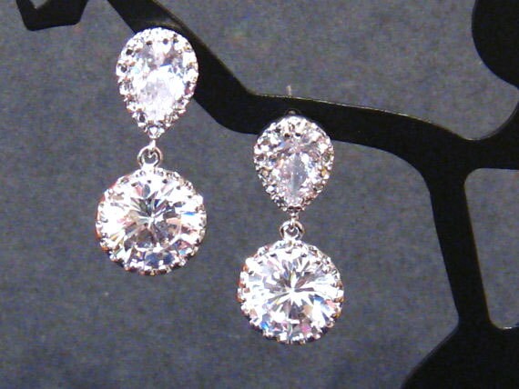 Clear CZ Bridal Earrings, Bridal Drop Earrings, Cubic