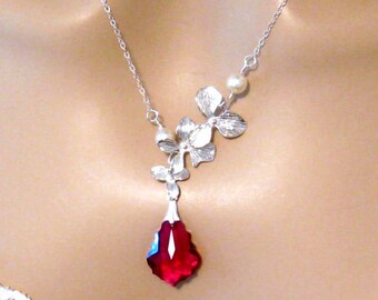 Red Orchid Wedding Necklace, Swarovski Bridal Jewelry, Pearl Orchid Wedding Accessory, Bridal Necklace, Red Wedding Jewelry