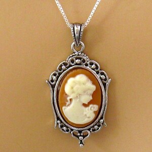 Small Cameo Necklace: Victorian Woman Peach Cameo Necklace, Sterling Silver, Vintage Inspired Romantic Victorian Jewelry, Great Gift for Her Caramel