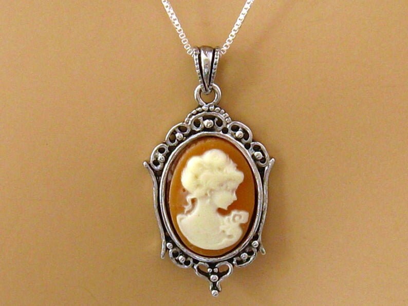 Small Cameo Necklace: Victorian Woman Peach Cameo Necklace, Sterling Silver, Vintage Inspired Romantic Victorian Jewelry, Great Gift for Her Caramel
