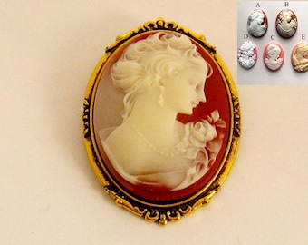 Victorian Cameo Brooch, Victorian Woman Brooch, Cameo Jewelry, Antiqued Gold Pin, Peach Victorian Jewelry Gift for Her