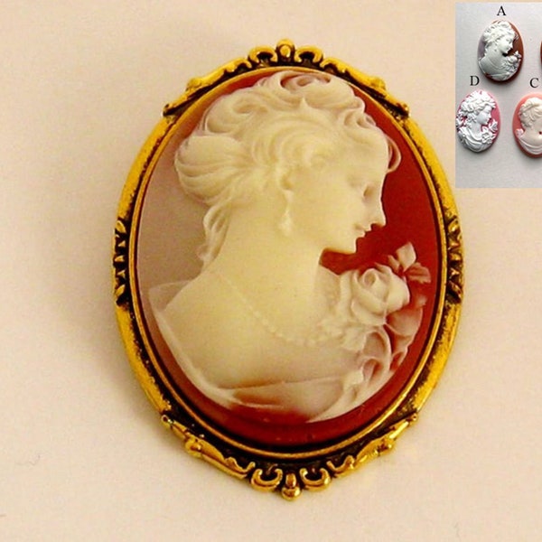 Victorian Cameo Brooch, Victorian Woman Brooch, Cameo Jewelry, Antiqued Gold Pin, Peach Victorian Jewelry Gift for Her