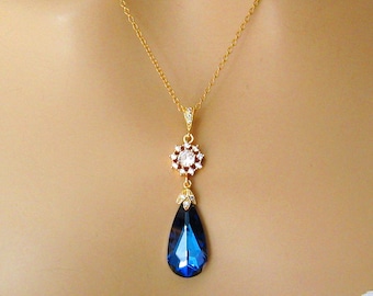 Collar azul pavo real, circonita cúbica, cristal azul Bermuda de Swarovski, collar de novia, relleno de oro, regalo de dama de honor, joyería nupcial.