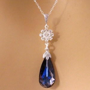 Ocean Blue Necklace CZ Royal Blue Necklace Dark Blue Wedding Jewelry  Blue Bridal Necklace, Sapphire Blue Bridesmaid Jewelry Sterling Silver