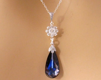 Oceaan blauwe ketting CZ royal blauwe ketting donkerblauwe bruiloft sieraden blauwe bruids ketting, saffier blauwe bruidsmeisje sieraden sterling zilver