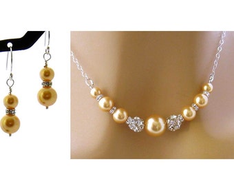 Pearl Gold Jewelry Set, Gold Pearl Bridal Jewelry, Gold Pearl Wedding Jewelry, Gold Pearl Jewelry, Pearl Jewelry, Gold Jewelry, Swarovski