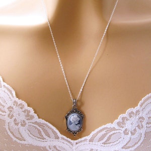 Blue Cameo Necklace: Victorian Woman Small Blue Cameo Necklace, Sterling Silver, Vintage Look Romantic Victorian Jewelry, Great Gift for Her