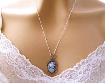 Blue Cameo Necklace: Victorian Woman Small Blue Cameo Necklace, Sterling Silver, Vintage Look Romantic Victorian Jewelry, Great Gift for Her