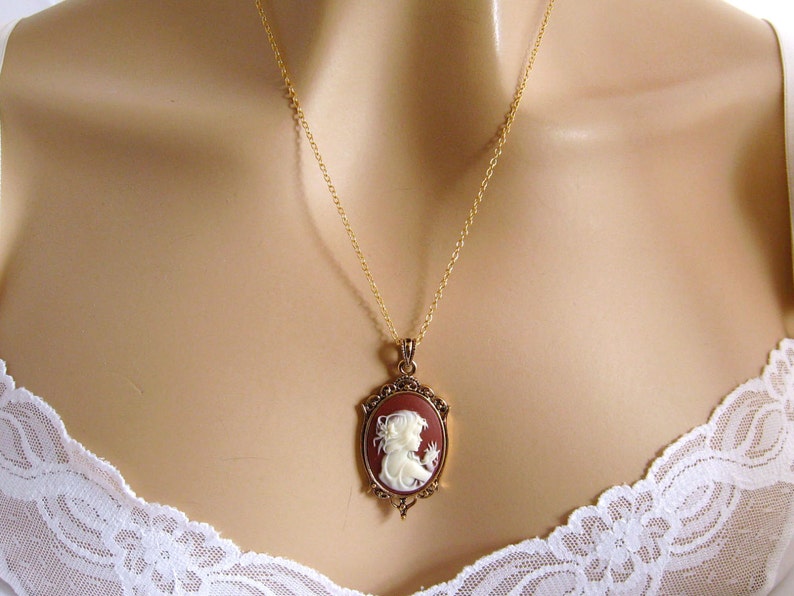 Brown Cameo: Woodland Girl Small Brown Cameo Necklace, 14 Carat Gold Fill Vintage Inspired Romantic Victorian Jewelry, Romantic Gift for Her image 2