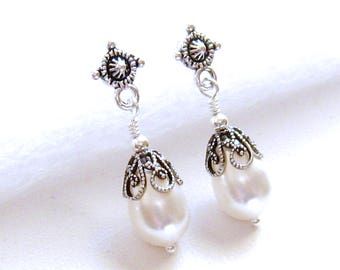 Victorian Pearl Earrings, Pearl Bridal Earrings: Victorian Wedding Jewelry, Bridesmaids Earrings, Victorian Bridal Jewelry, Swarovski