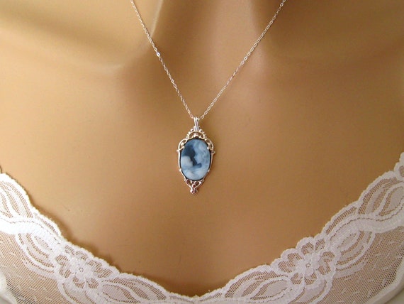Sterling Silver Mother Cameo Necklace, Carved Agate Genuine Cameo