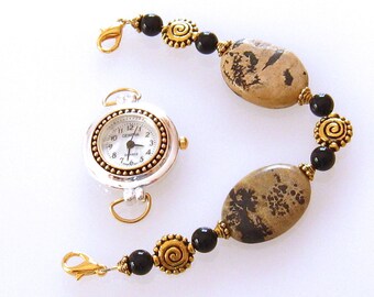 Interchangeable Bracelet Watch Band, Beaded Watch Band, Tan Black Stone Beads, Medical ID Bracelet