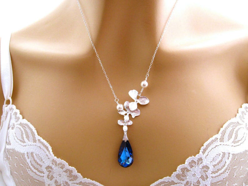 Swarovski Orchid Necklace Bridal Necklace Blue Wedding Necklace Bridal Jewelry Bridesmaids Necklace Romantic Orchid Necklace image 2