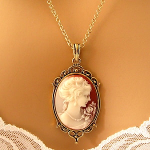 Peach Cameo: Victorian Woman Peach Cameo Necklace, Antiqued Gold, Vintage Inspired Romantic Victorian Jewelry, Romantic Gift for Her image 6