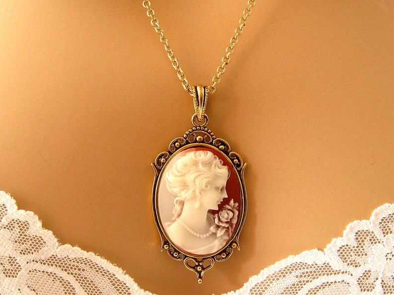 Peach Cameo: Victorian Woman Peach Cameo Necklace, Antiqued Gold, Vintage Inspired Romantic Victorian Jewelry, Romantic Gift for Her image 6