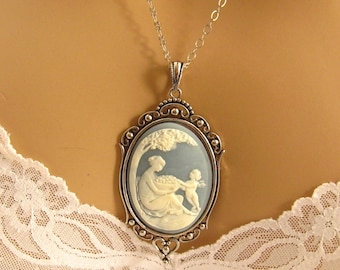 Mother Child Necklace, Victorian Blue Cameo Necklace, Mother Child Jewelry, Mother Necklace Gift Expectant Mom Gift, Victorian Cameo Jewelry