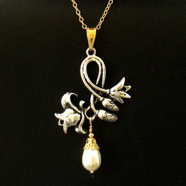 Art Nouveau Jewelry, Pearl Flower Necklace, Silver Gold Fill Art Nouveau Necklace, Romantic Bridesmaids Gift - Bridal Wedding Jewelry
